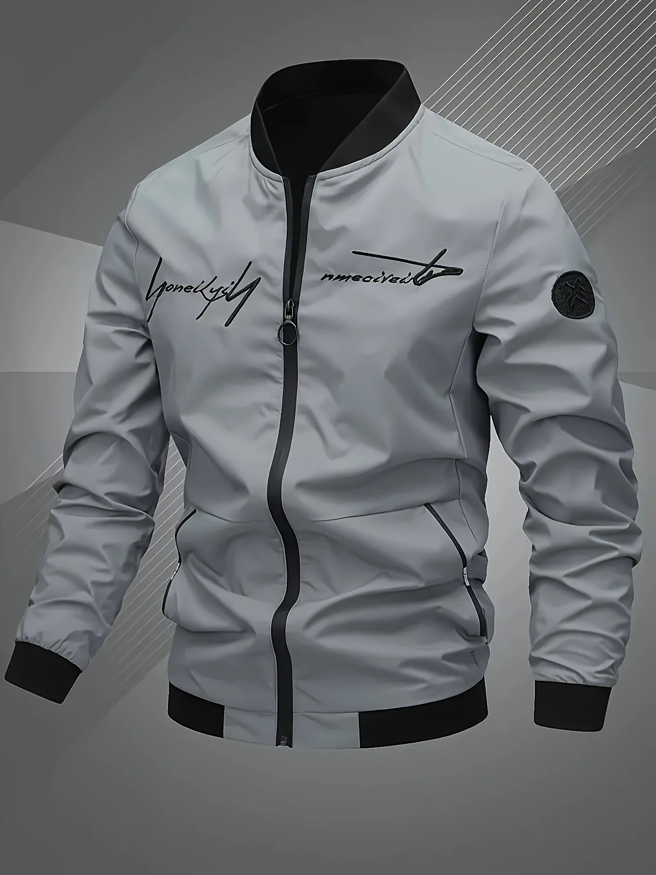 Trendy men's alphabet embroidered bomber jacket - stylish design, versatile casual style