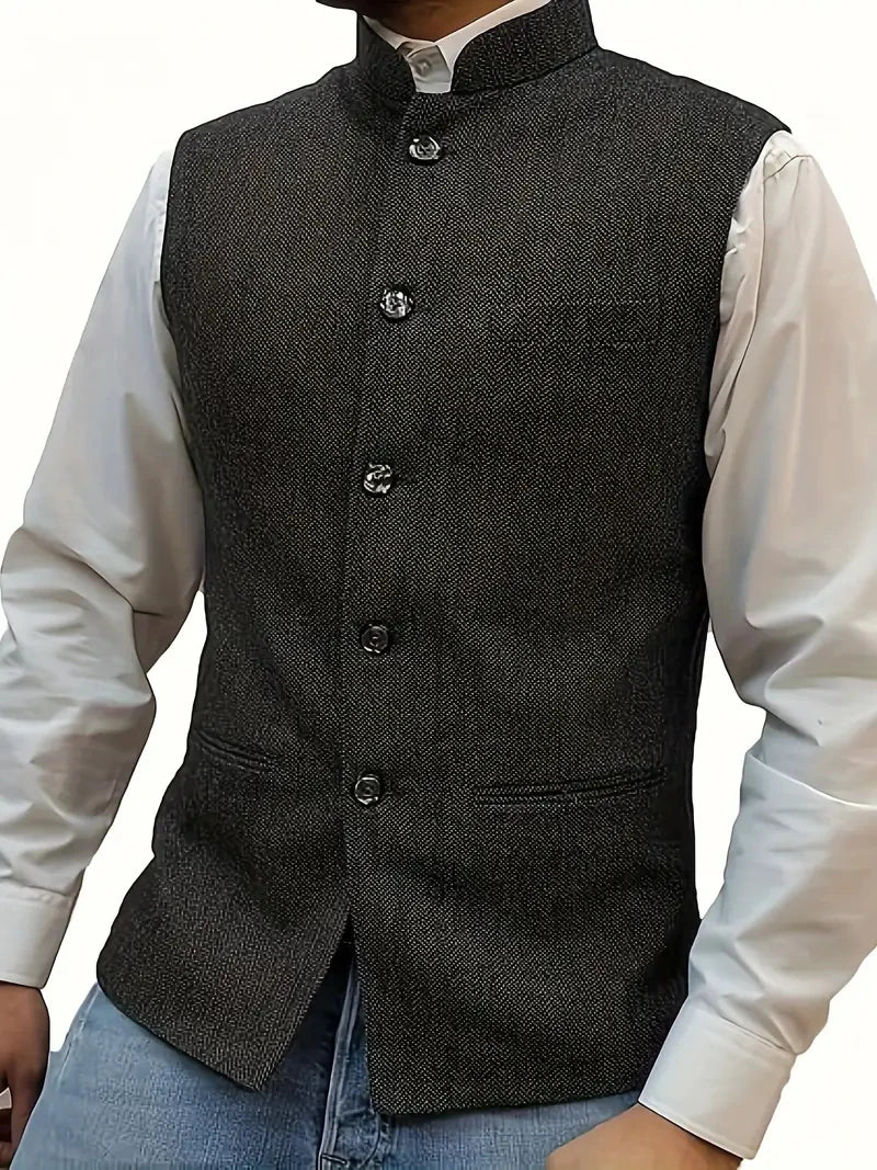 Elegant Slim Fit Tweed Wool Vests Suits Men's Suit Business Tweed High Collar Waistcoats Slim Fit Herringbone Vests
