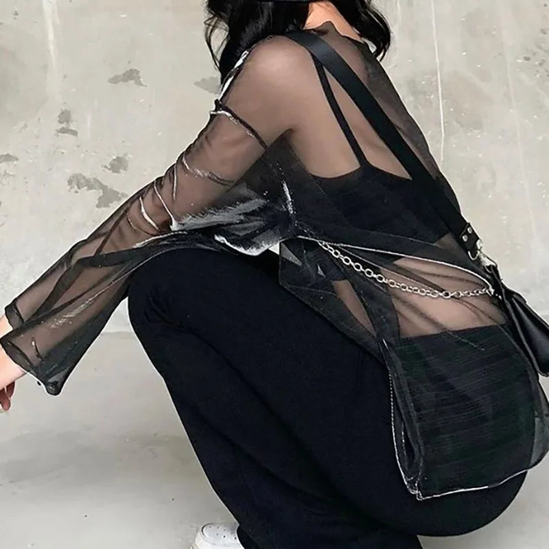 Solid See Through Tshirt Women Sexy Tops O-Neck Long Sleeve Oversized T Shirt For Women Clothing Club Y2k Aesthetic Egirl Tees