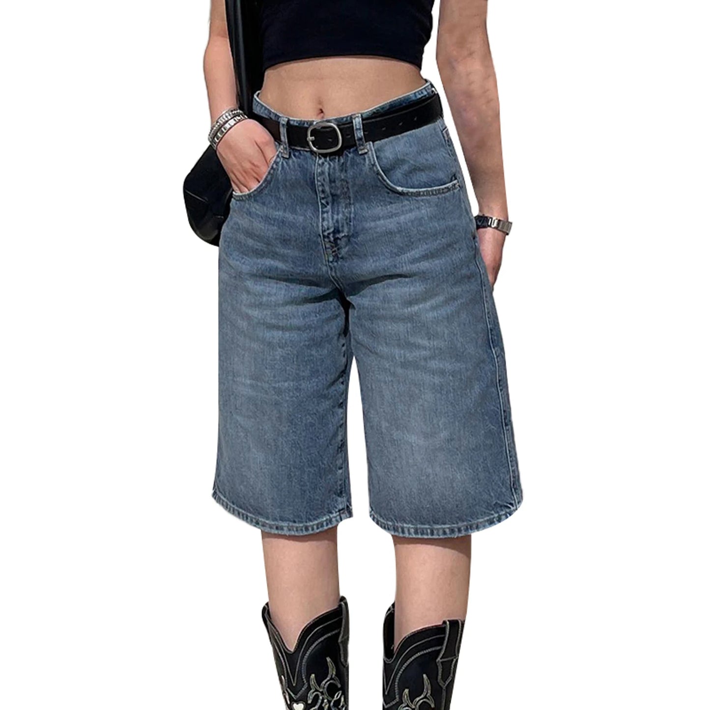 Women s High Waisted Denim Bermuda Shorts in Light Blue Wash with Frayed Hem and Distressed Details for a Stylish Summer Look