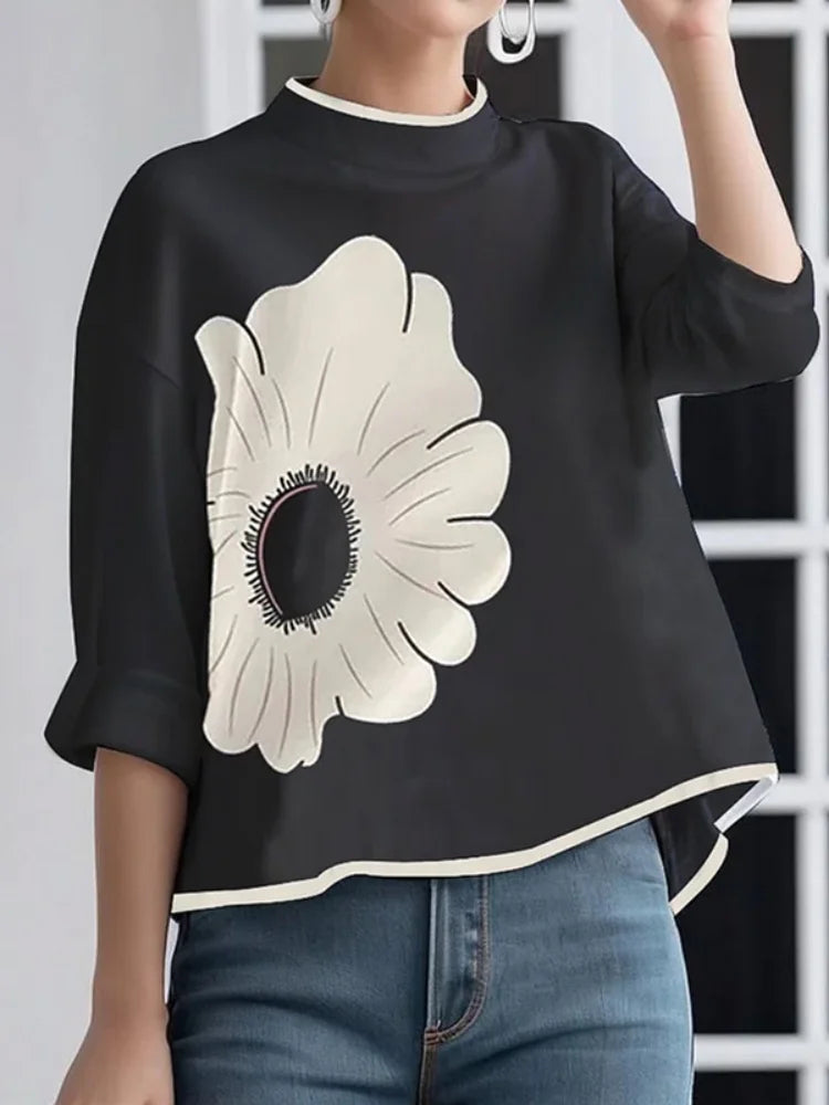 FashionWomen's Flower Printed Clothes T-Shirts 2025 Mock Neck T-Shirts Summer Black Casual Autumn y2k Tops For Women 2XL