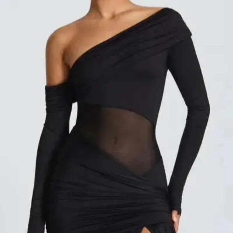 2025 Fall Sexy Fold Women Elegant Micro Transparent Split Long Sleeve Long Dress Strapless Slim Chic Party Banquet Evening Gowns