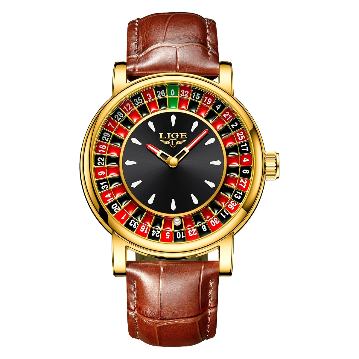 LIGE Russian Roulette Dial Man Watch Creative Dial Wheel Man Wristwatches Business Leather Luminous Rotatable Lucky Ball Watch