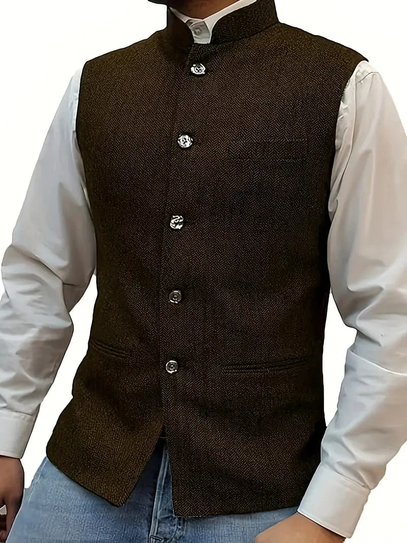 Elegant Slim Fit Tweed Wool Vests Suits Men's Suit Business Tweed High Collar Waistcoats Slim Fit Herringbone Vests