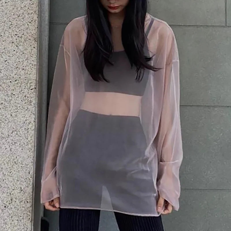 Solid See Through Tshirt Women Sexy Tops O-Neck Long Sleeve Oversized T Shirt For Women Clothing Club Y2k Aesthetic Egirl Tees