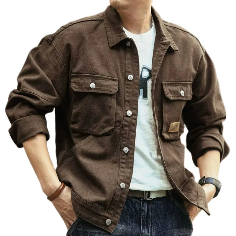 Classic vintage denim jacket for men, autumn and winter heavyweight washed turtleneck jacket, trendy and cool French workwear