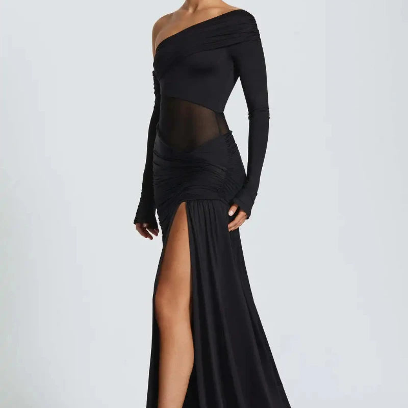 2025 Fall Sexy Fold Women Elegant Micro Transparent Split Long Sleeve Long Dress Strapless Slim Chic Party Banquet Evening Gowns