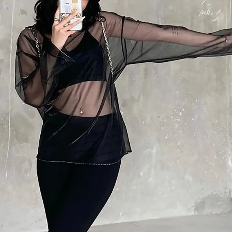 Solid See Through Tshirt Women Sexy Tops O-Neck Long Sleeve Oversized T Shirt For Women Clothing Club Y2k Aesthetic Egirl Tees