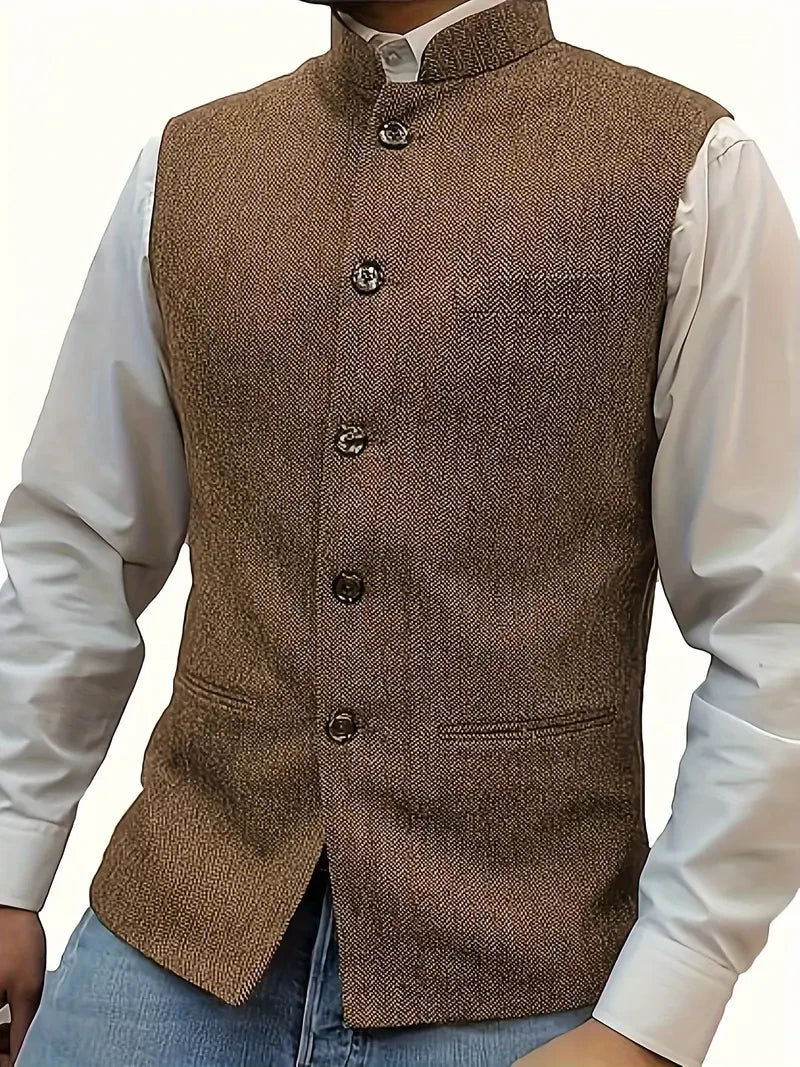 Elegant Slim Fit Tweed Wool Vests Suits Men's Suit Business Tweed High Collar Waistcoats Slim Fit Herringbone Vests