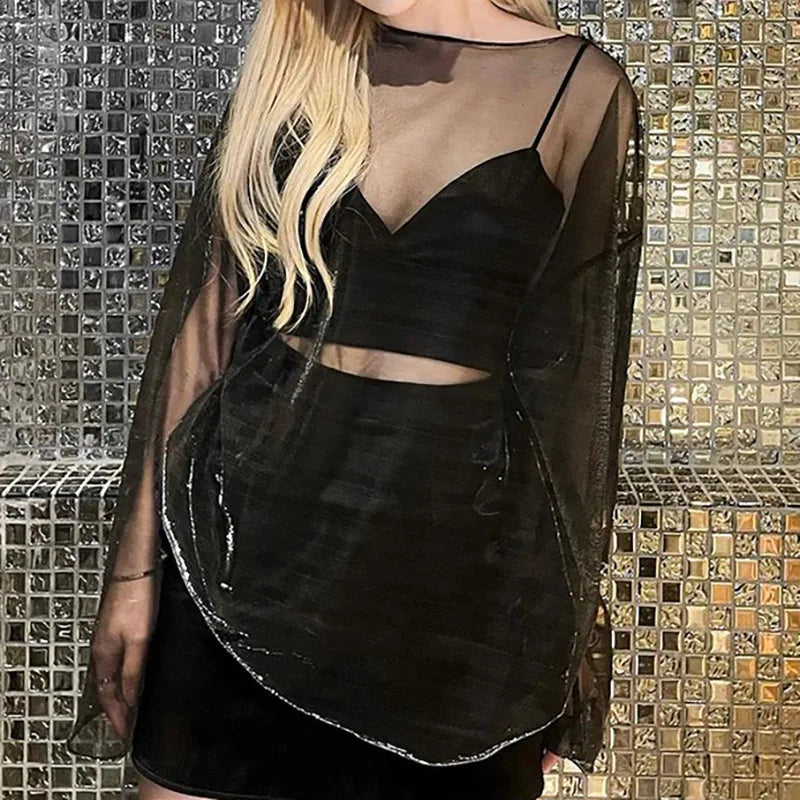 Solid See Through Tshirt Women Sexy Tops O-Neck Long Sleeve Oversized T Shirt For Women Clothing Club Y2k Aesthetic Egirl Tees