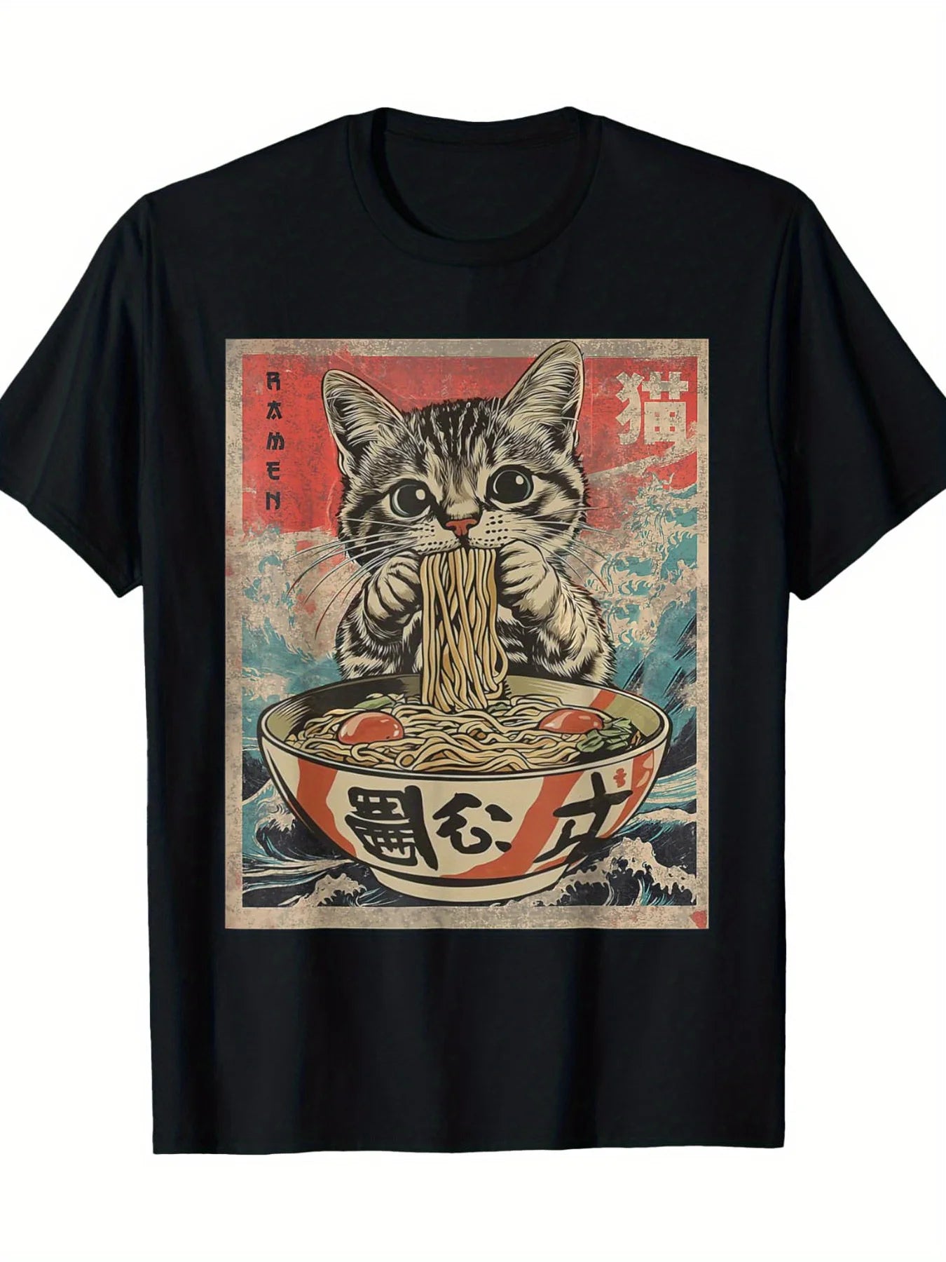 1pc Kawaii Cat Ramen Anime T-Shirt for Men, 100% Fabric, Crew Neck, Short Sleeve, Regular Fit, Weekend Casual Wear