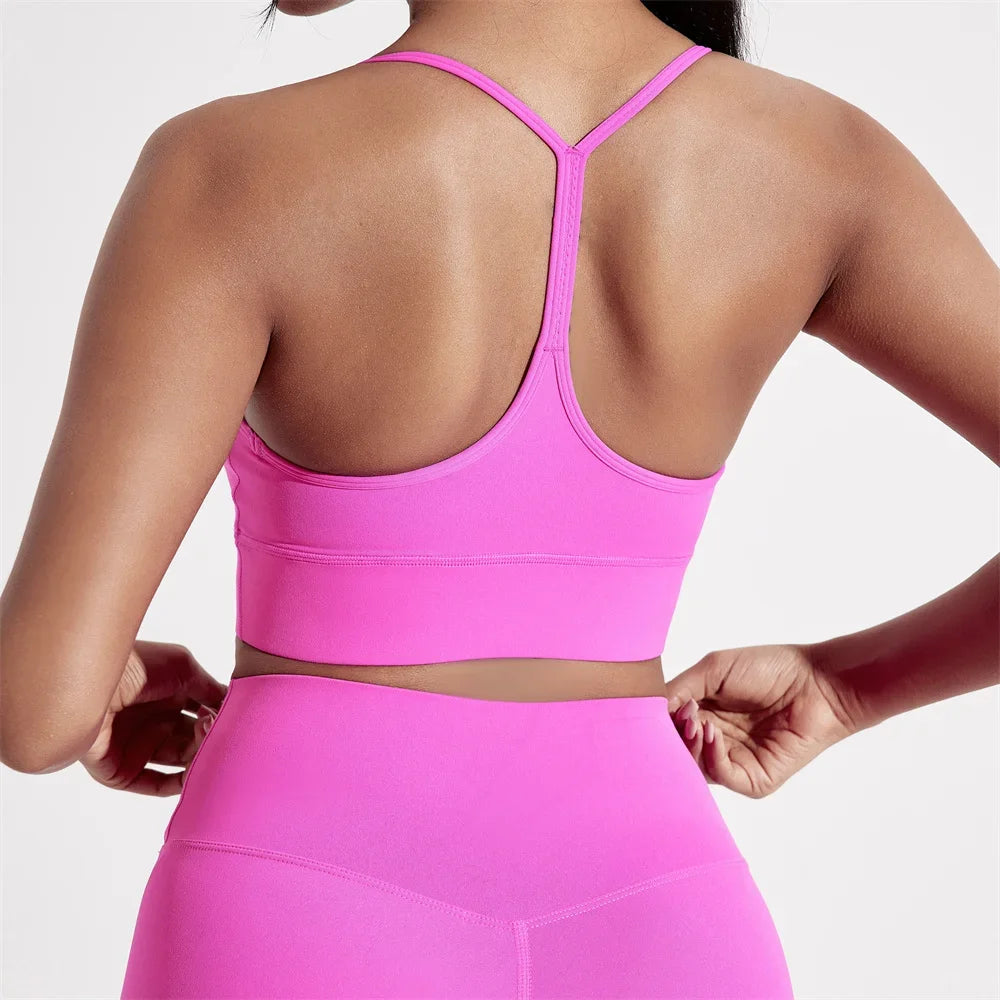 Solid Color Y Shape Line Women Fitness Sport Bra Top Soft Tight Comprehensive Training Jogging Gym Yoga Underwear With Chest Pad