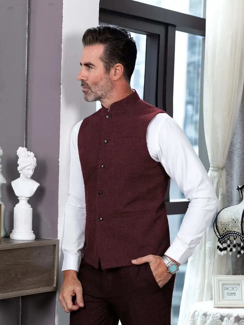 Elegant Slim Fit Tweed Wool Vests Suits Men's Suit Business Tweed High Collar Waistcoats Slim Fit Herringbone Vests