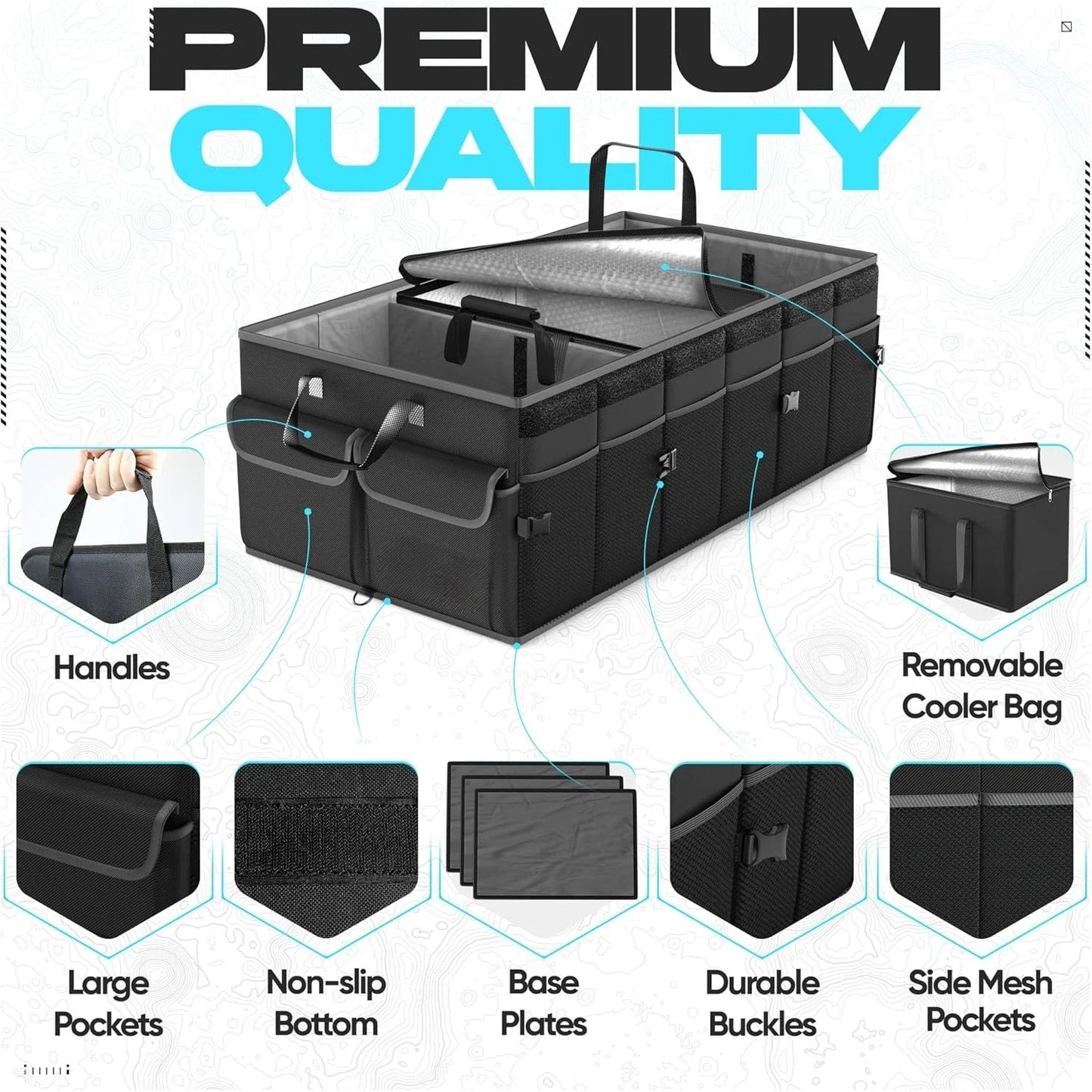 Car Trunk Organizer with Cooler, Collapsible Multi Compartment SUV Organizer, Foldable Storage for Women Men, 600D Oxford (105L)