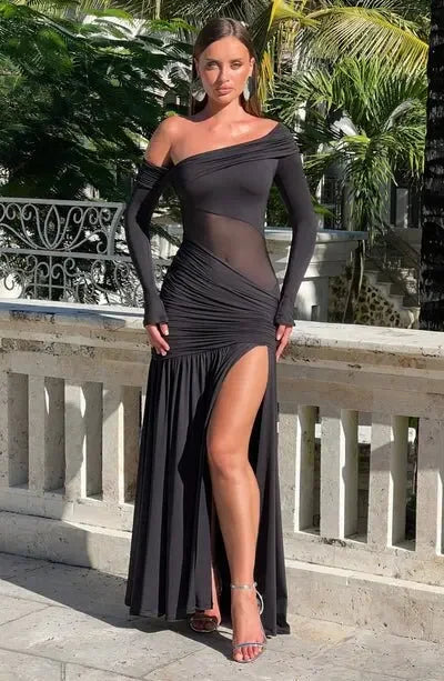 2025 Fall Sexy Fold Women Elegant Micro Transparent Split Long Sleeve Long Dress Strapless Slim Chic Party Banquet Evening Gowns
