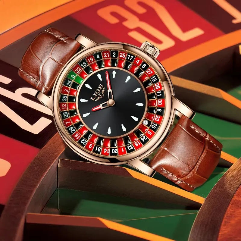 LIGE Russian Roulette Dial Man Watch Creative Dial Wheel Man Wristwatches Business Leather Luminous Rotatable Lucky Ball Watch