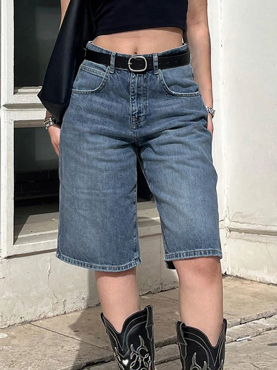 Women s High Waisted Denim Bermuda Shorts in Light Blue Wash with Frayed Hem and Distressed Details for a Stylish Summer Look