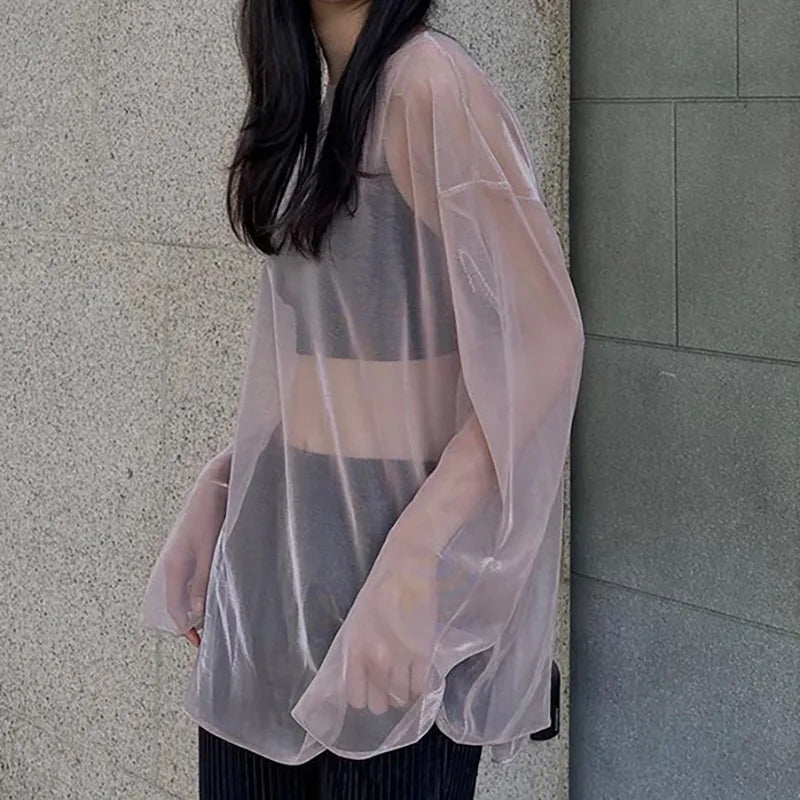 Solid See Through Tshirt Women Sexy Tops O-Neck Long Sleeve Oversized T Shirt For Women Clothing Club Y2k Aesthetic Egirl Tees