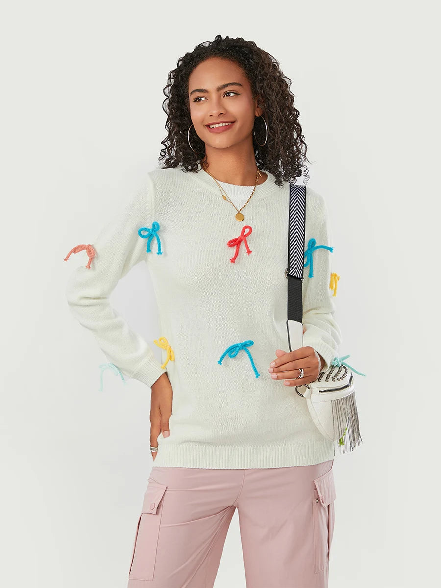 Women Cute Sweaters Casual Colorful Bow Warm Long Sleeve Pullover Basic Knitwear for Fall Streetwear