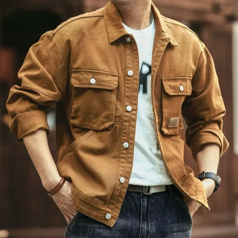 Classic vintage denim jacket for men, autumn and winter heavyweight washed turtleneck jacket, trendy and cool French workwear