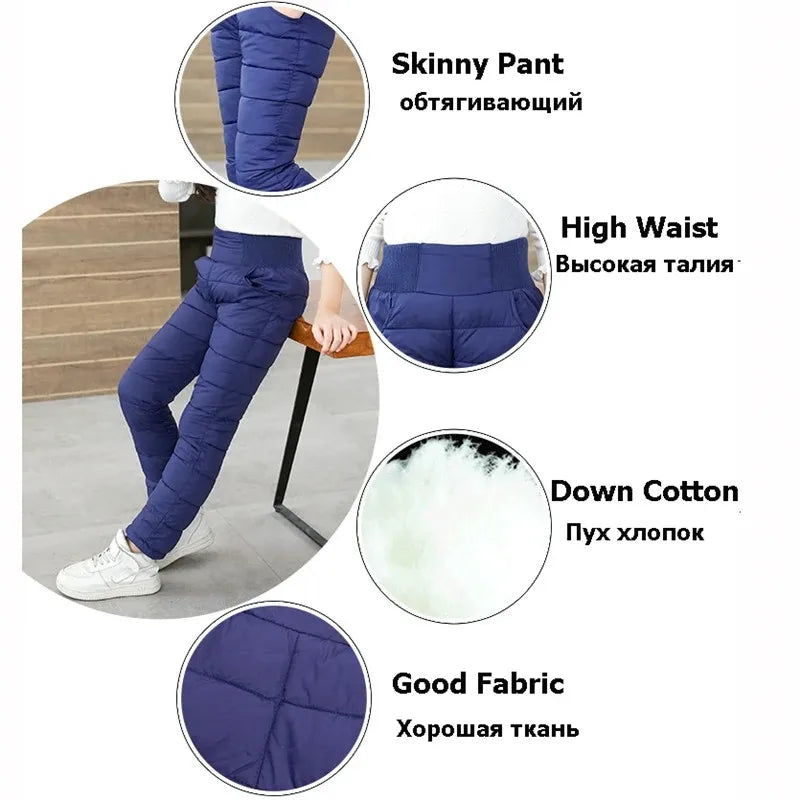 2-12Y Casual Kids Boys Girls Winter Pants Solid Children High Waist Cotton-Padded Warm Trousers Teens Waterproof Ski Thick Pants