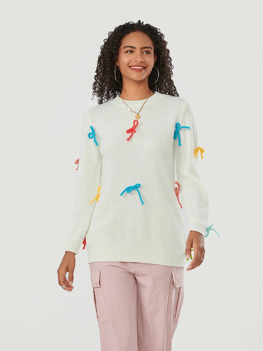 Women Cute Sweaters Casual Colorful Bow Warm Long Sleeve Pullover Basic Knitwear for Fall Streetwear