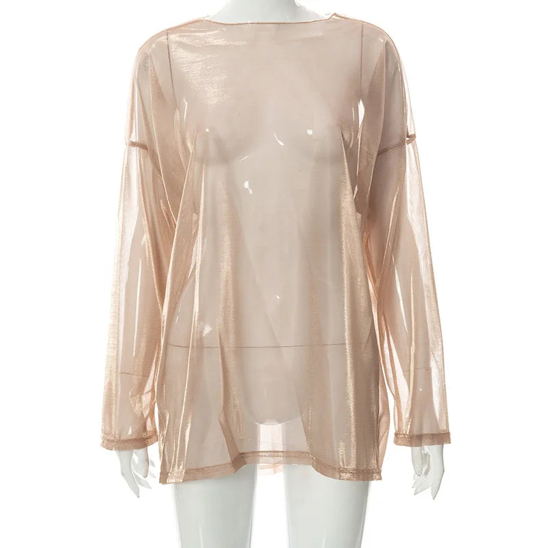 Solid See Through Tshirt Women Sexy Tops O-Neck Long Sleeve Oversized T Shirt For Women Clothing Club Y2k Aesthetic Egirl Tees