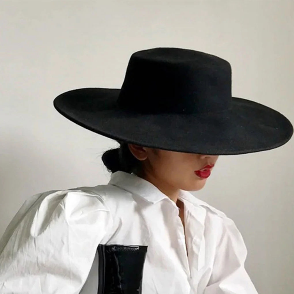 French Women's Hat Big Wide Brim 10CM Fedora Hat Winter Wool Derby Wedding Jazz Hats Flat Top Felt Hat
