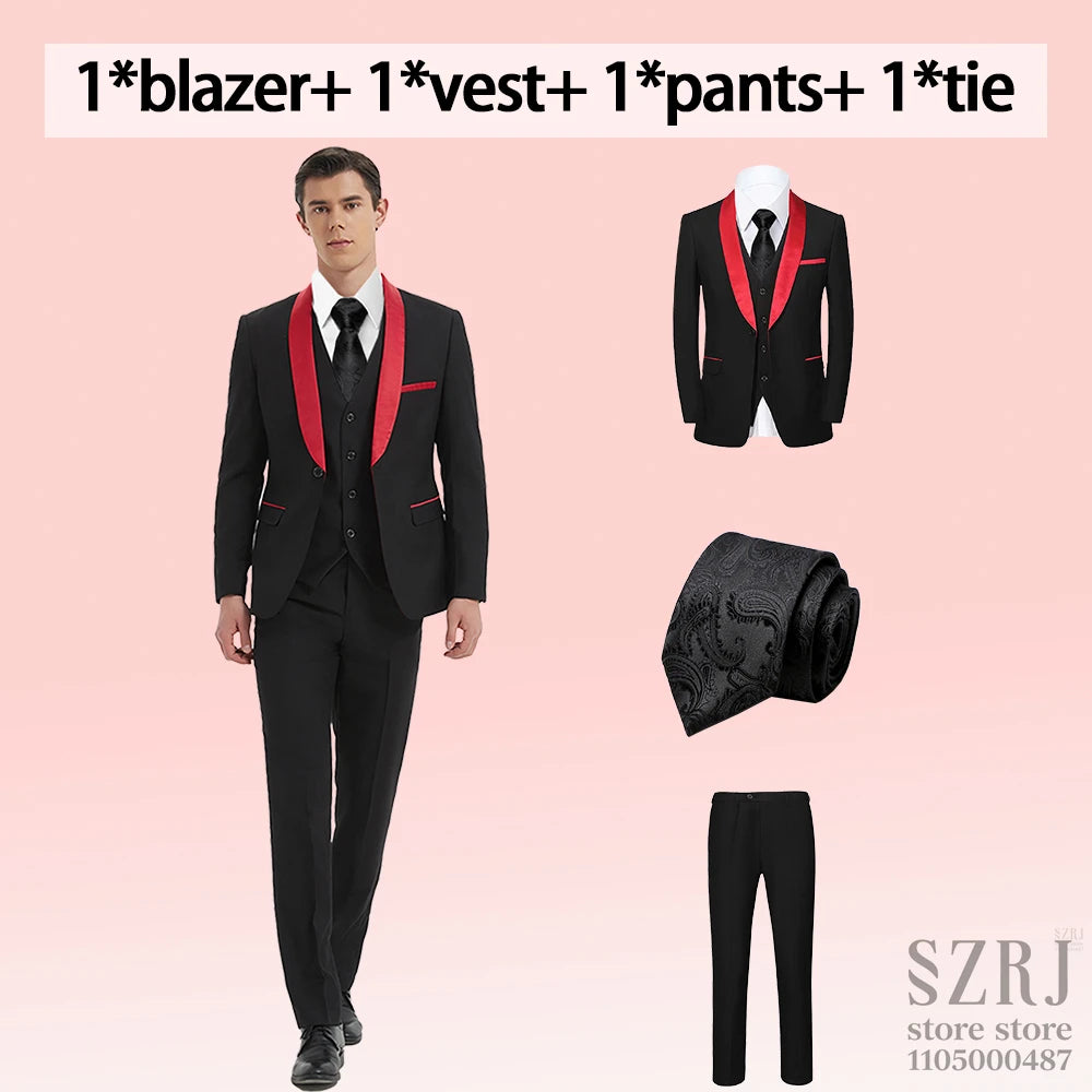 4pcs Men's Suit: Blazer, Vest, Pants, Black Tie.  One Button, Plain Color Tuxedo. Regular Fit. For Wedding, Groomsman Attire.