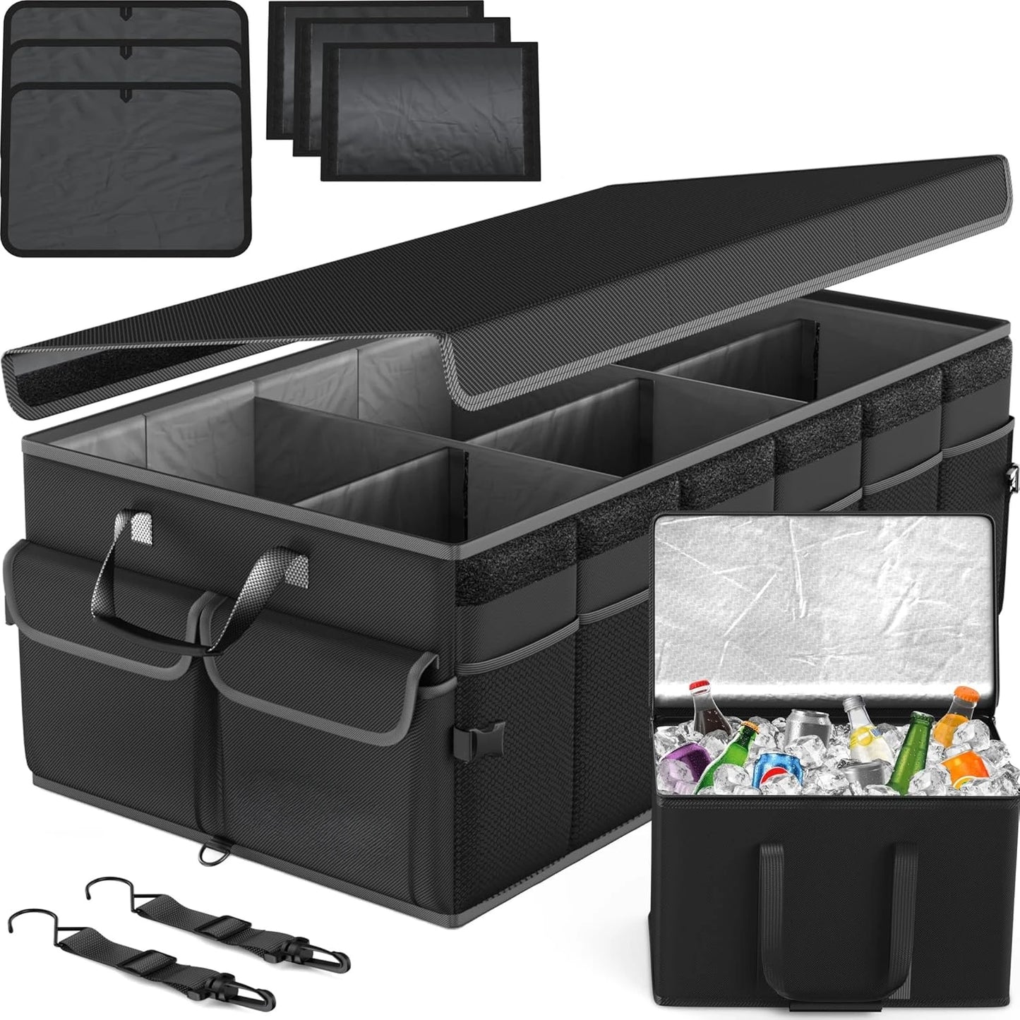 Car Trunk Organizer with Cooler, Collapsible Multi Compartment SUV Organizer, Foldable Storage for Women Men, 600D Oxford (105L)