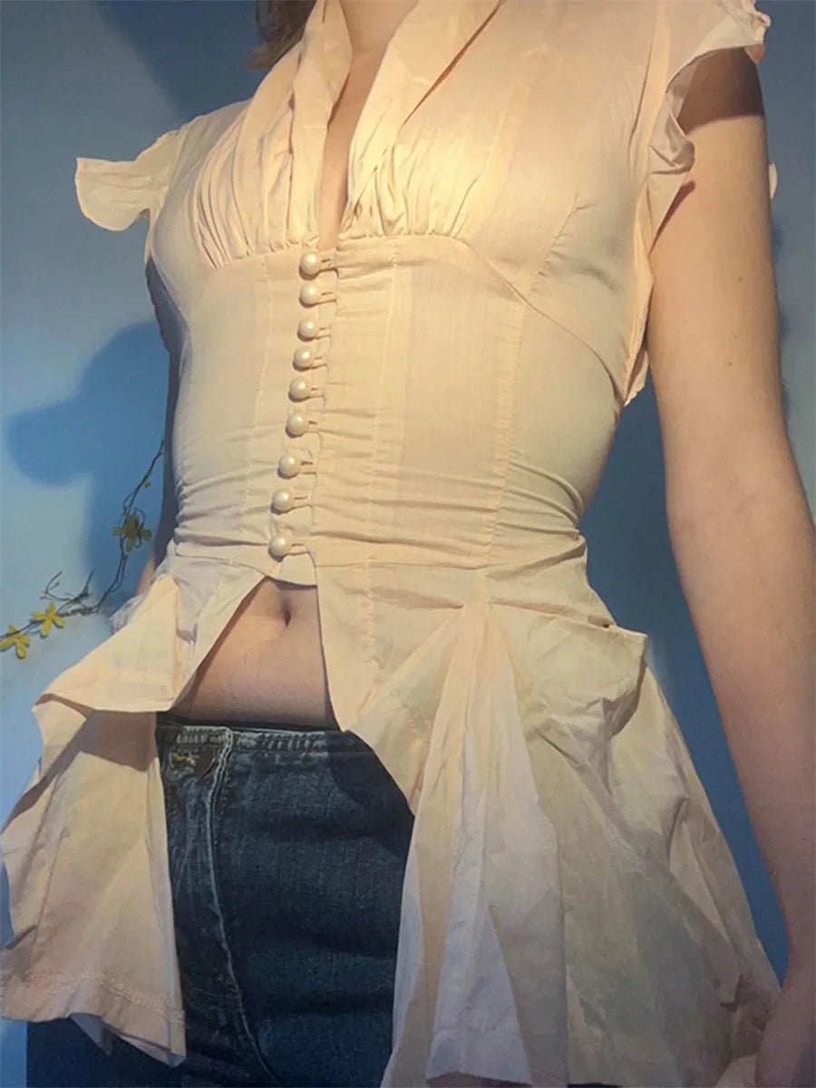 Elegant Sleeveless Ruffle Blouse with Button Down Detail and Split Hem - Women s  Fit Top for Spring and Summer