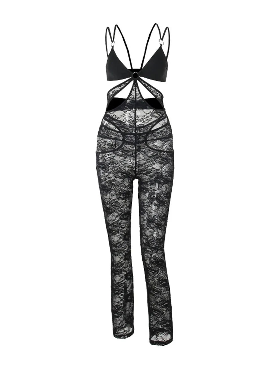 Women s Summer Romper Sleeveless Spaghetti Strap Hollow Out Sheer Lace Jumpsuit Pants Playsuit