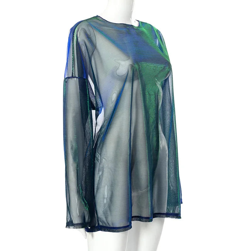 Solid See Through Tshirt Women Sexy Tops O-Neck Long Sleeve Oversized T Shirt For Women Clothing Club Y2k Aesthetic Egirl Tees
