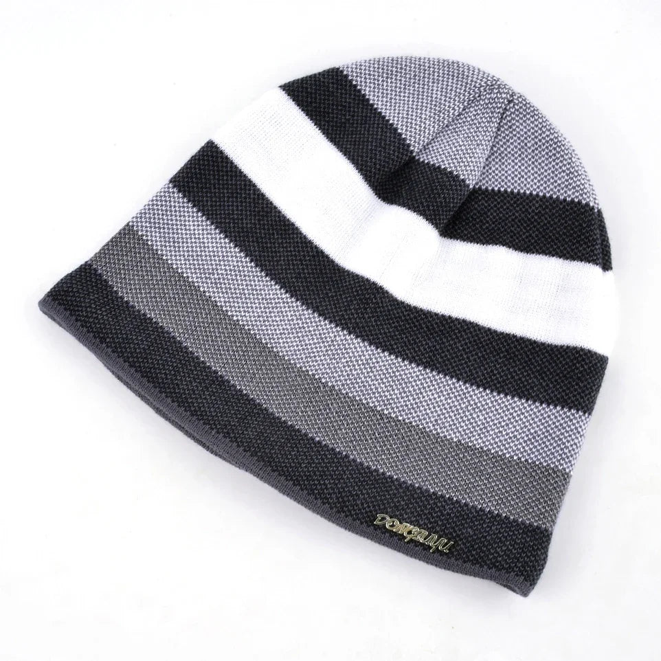 Men's Skullies Hat Bonnet Winter Beanie Knitted Wool Hat Plus Velvet Cap Thicker Stripe Skis Sports Beanies Hats for men