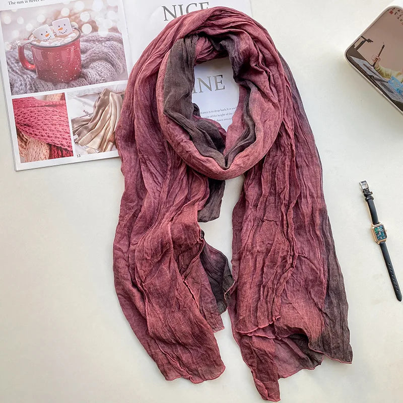 Retro Ethnic Style Cotton and Linen Scarf Women Tie-dye Long Folds Gradual Change Color Shawl Korean Literary Fresh Cotton Silk