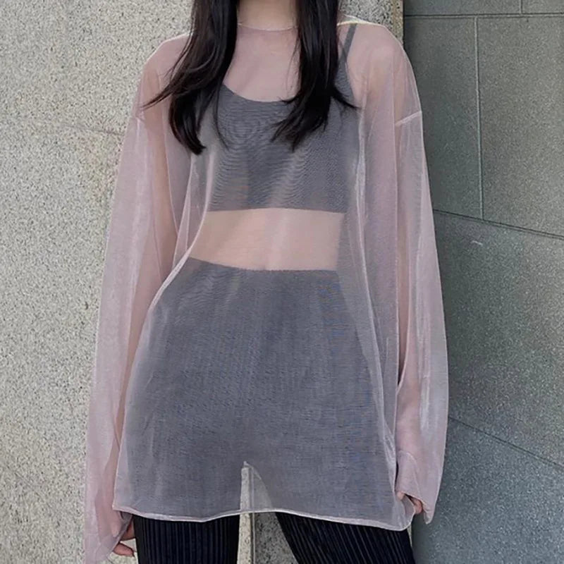 Solid See Through Tshirt Women Sexy Tops O-Neck Long Sleeve Oversized T Shirt For Women Clothing Club Y2k Aesthetic Egirl Tees