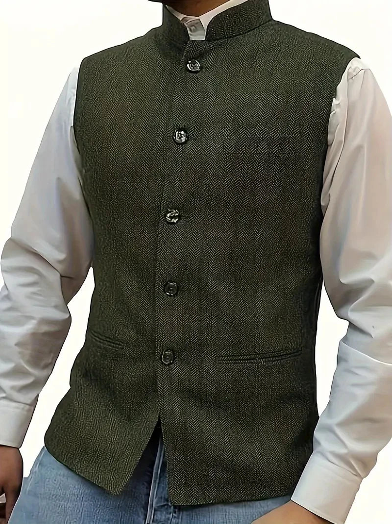 Elegant Slim Fit Tweed Wool Vests Suits Men's Suit Business Tweed High Collar Waistcoats Slim Fit Herringbone Vests