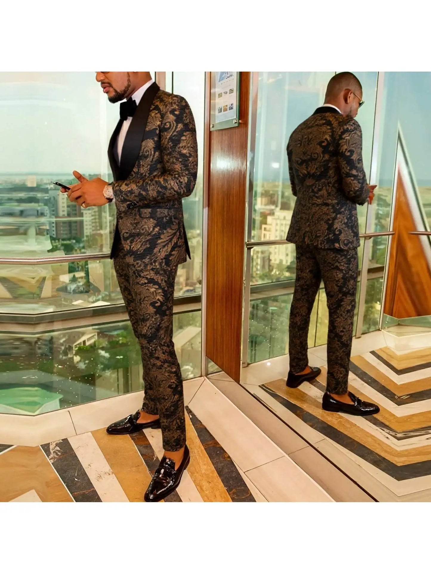 Mens Suit Jacquard Silm Fit 2-Piece Shawl Lapel Tuxedo Wedding Party Prom Suit Set