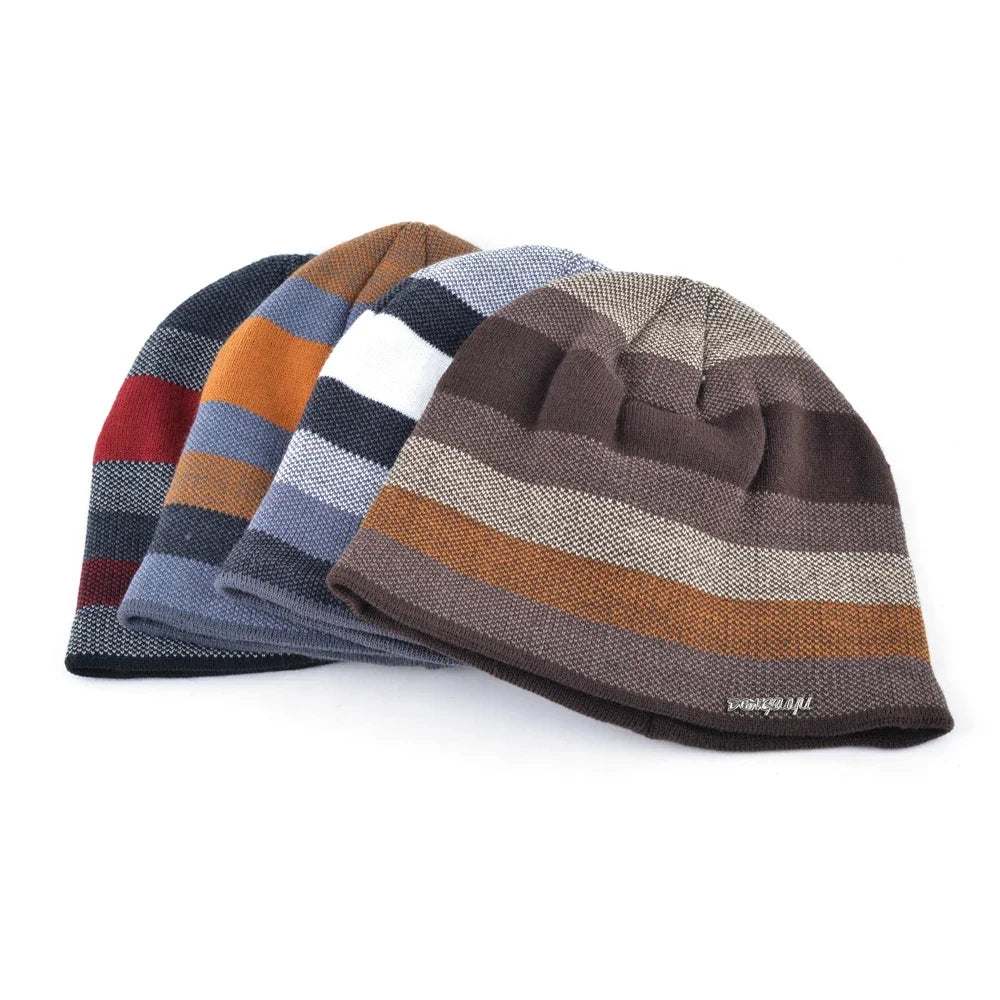 Men's Skullies Hat Bonnet Winter Beanie Knitted Wool Hat Plus Velvet Cap Thicker Stripe Skis Sports Beanies Hats for men