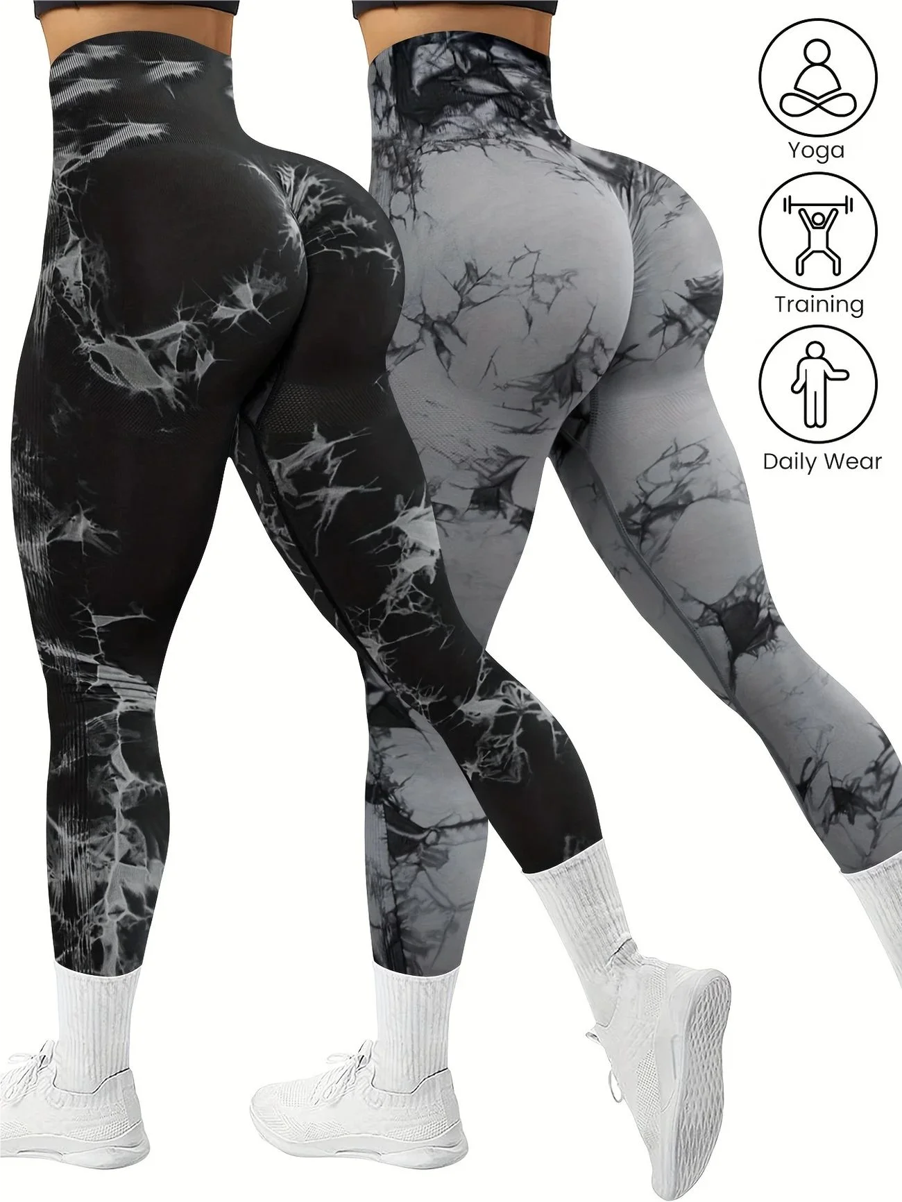 2PCS tie dye seamless women's high waisted yoga pants tight waist and hip lifting elastic wide waist sports leggings