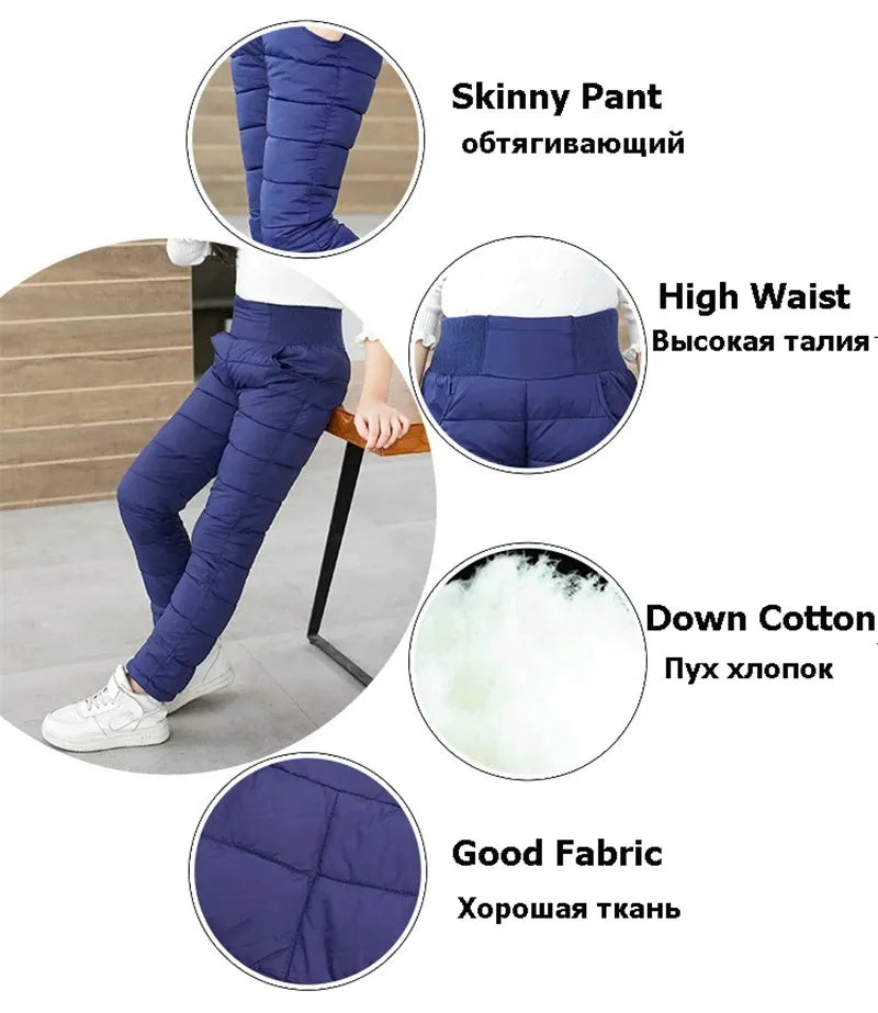 2-12Y Casual Kids Boys Girls Winter Pants Solid Children High Waist Cotton-Padded Warm Trousers Teens Waterproof Ski Thick Pants