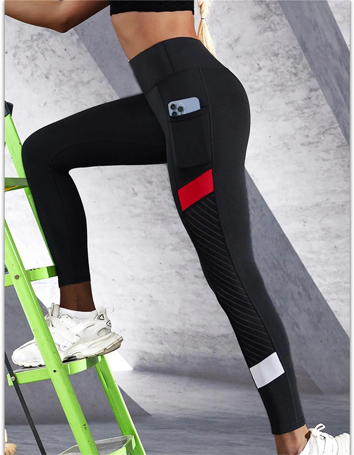 Colorblocked Mesh High Waist Yoga Pants with Side Pockets Leggings for Women Tummy Control Workout Shaping Leggings