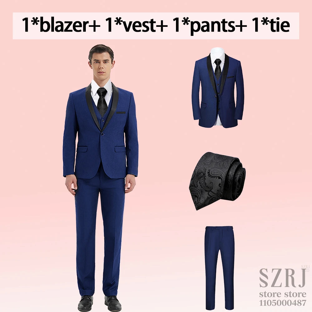 4pcs Men's Suit: Blazer, Vest, Pants, Black Tie.  One Button, Plain Color Tuxedo. Regular Fit. For Wedding, Groomsman Attire.