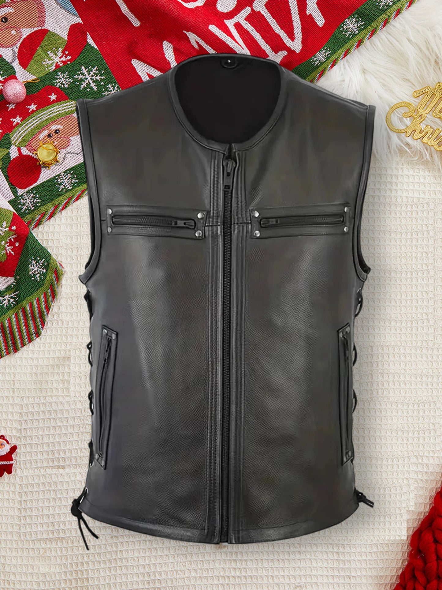 Stylish Men s Biker Vest in Genuine Leather with Multiple Pockets and Zipper Closure for a Trendy Sleeveless Look